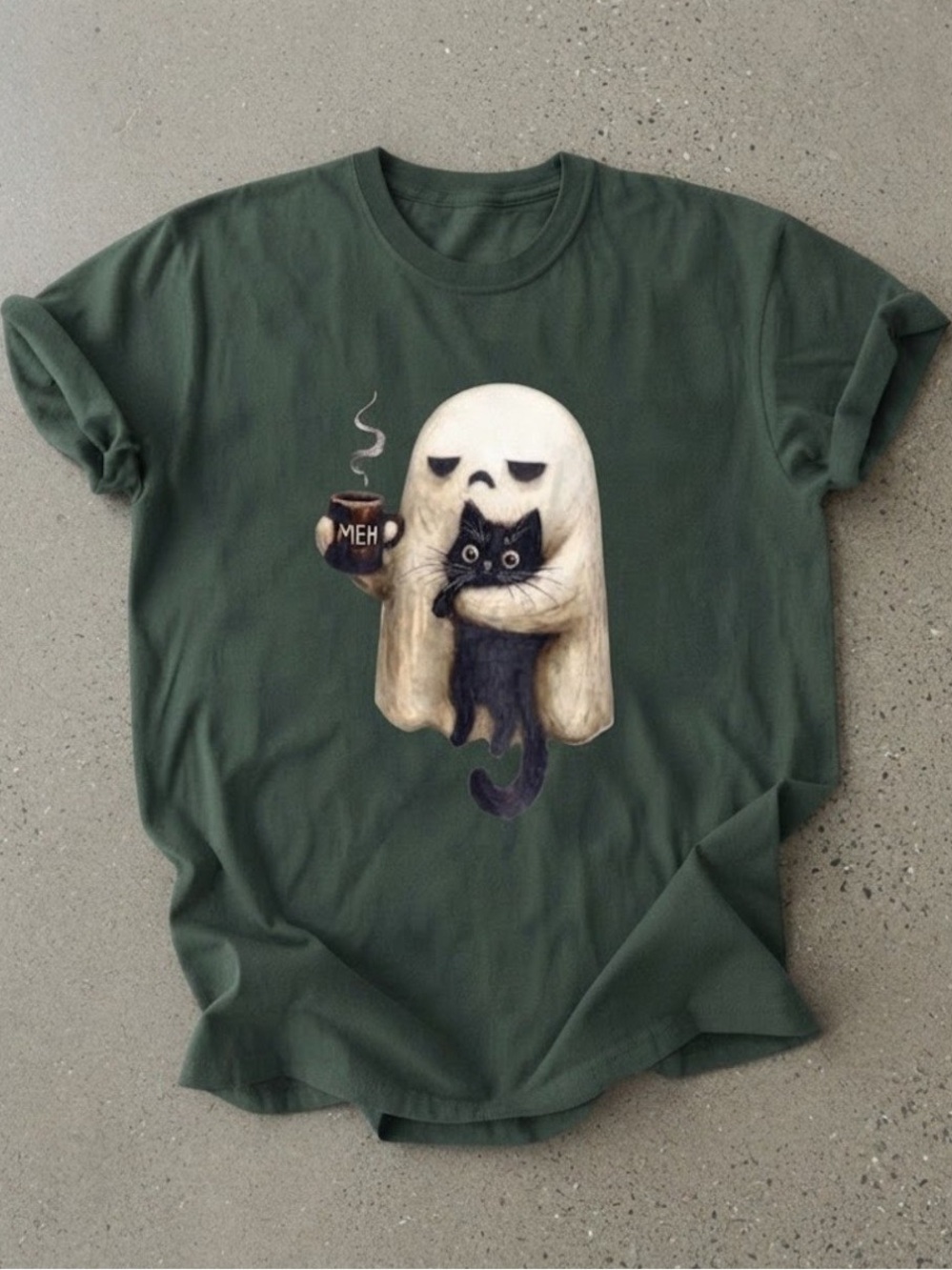 Ghost Drinking Coffee Black Cat Green Graphic Gildan T-Shirt
